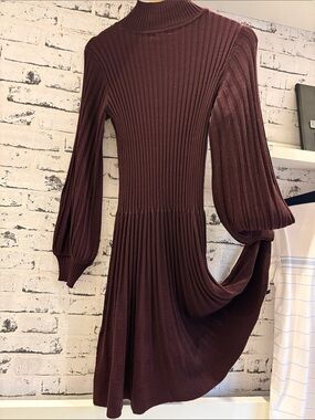 Max Studio Ribbed Mock-Neck Midi Dress in Burgundy